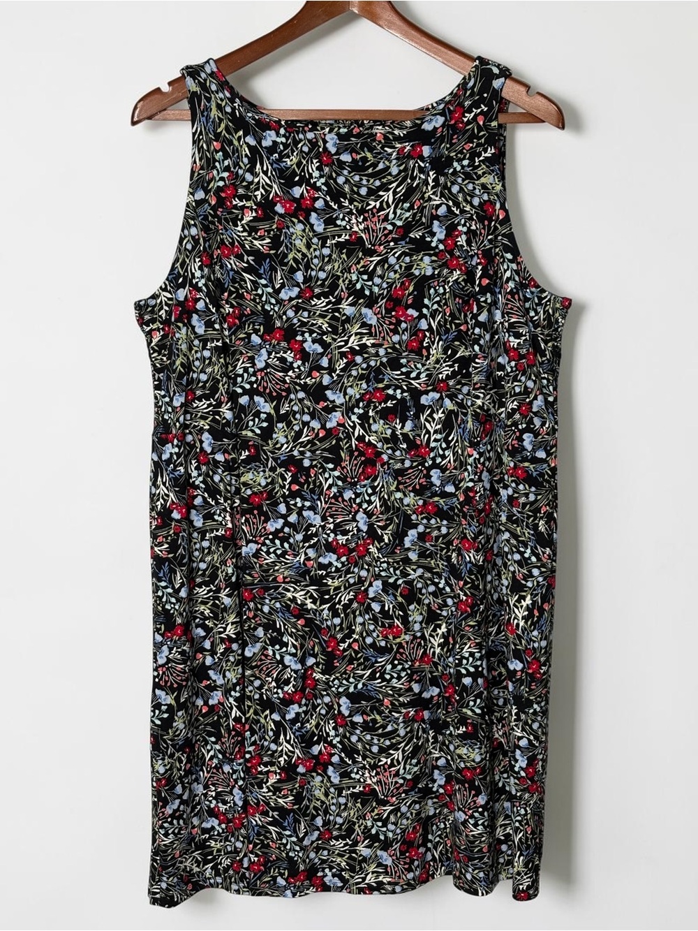 J Jill Wearever Floral Tank Dress LP Large Petite Stretch Knit Knee Length Black - Picture 2 of 11